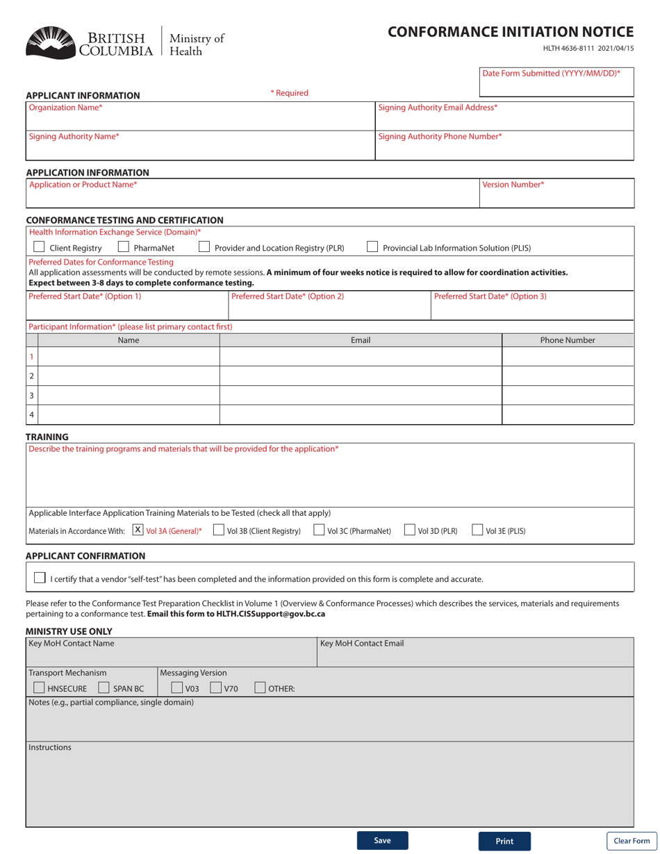 Form HLTH4636-8111 Conformance Initiation Notice - British Columbia, Canada, Page 1