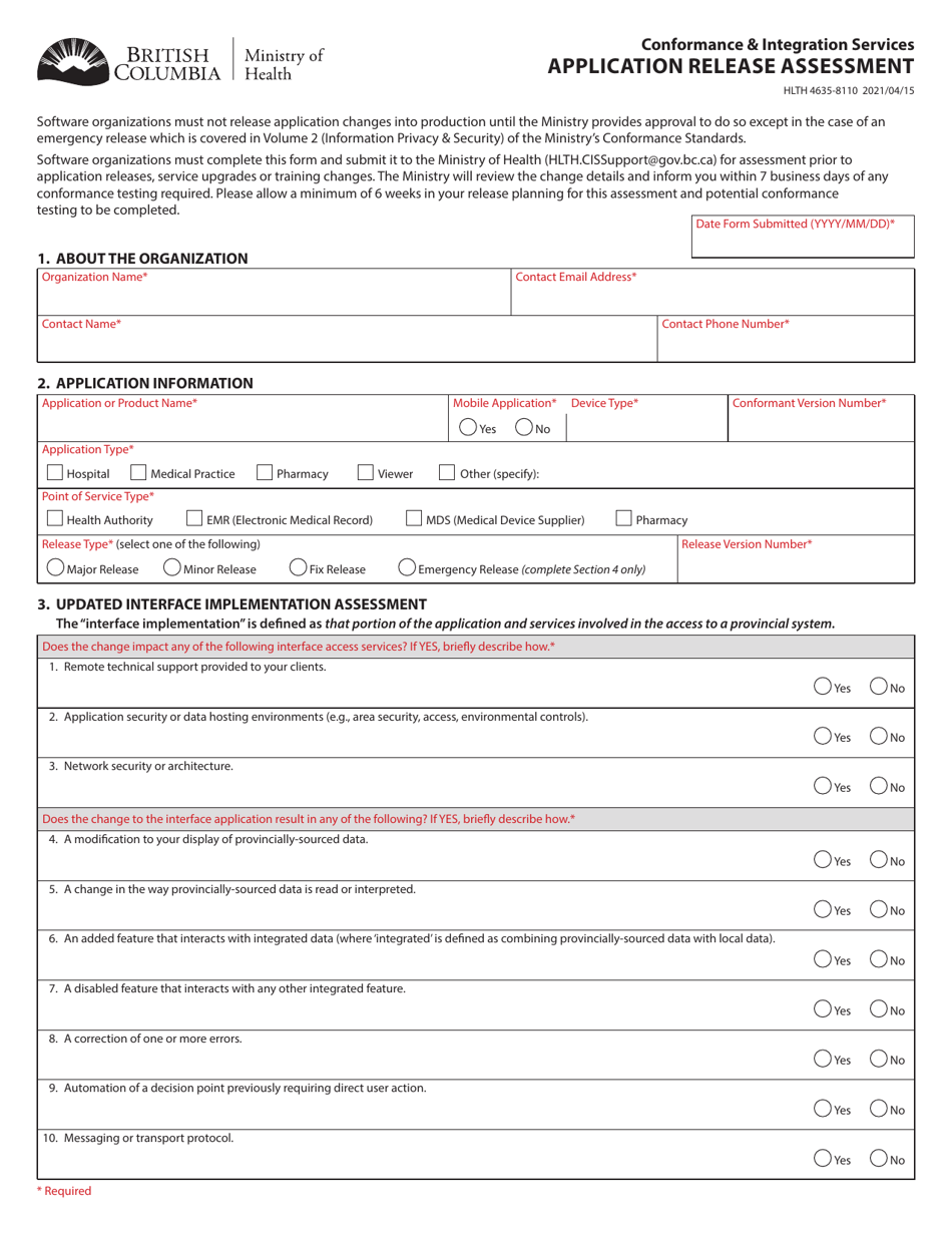 Form HLTH4635-8110 Application Release Assessment - British Columbia, Canada, Page 1