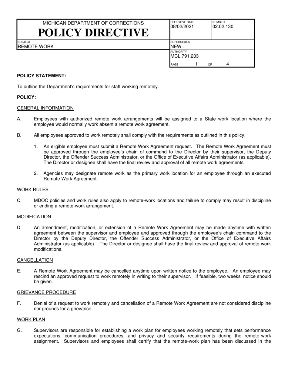 Remote Work Agreement - Michigan, Page 1