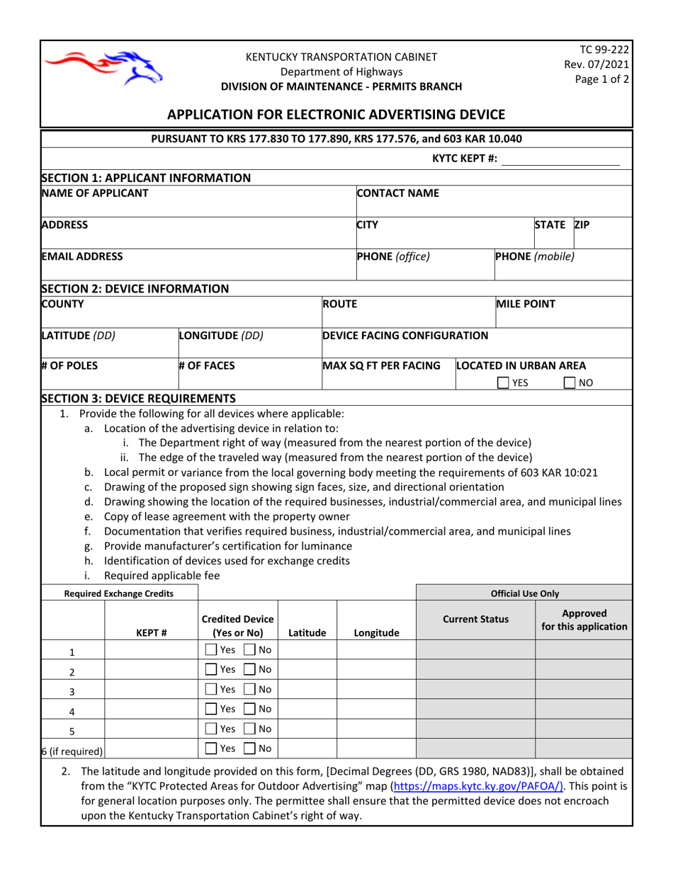 Form TC99-222 Application for Electronic Advertising Device - Kentucky, Page 1