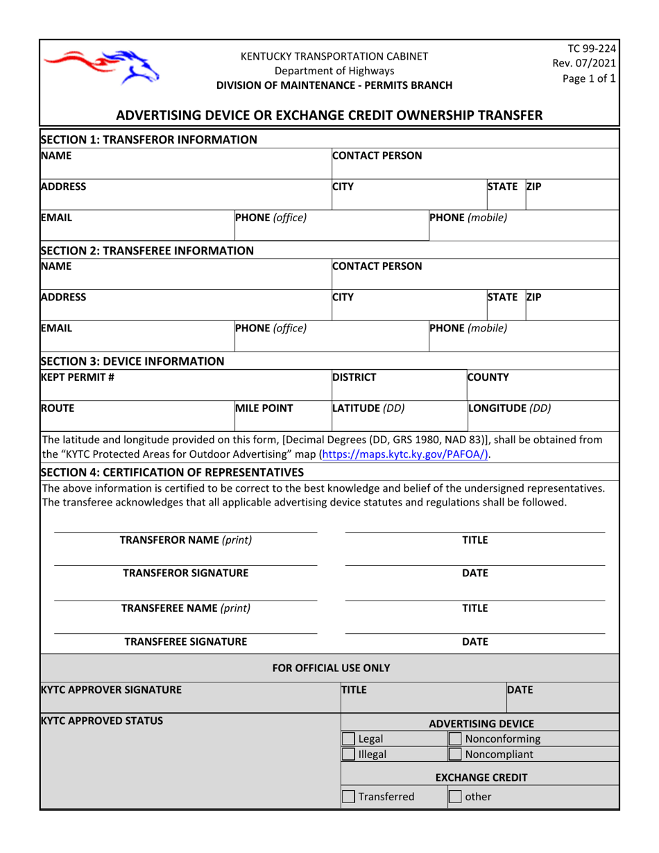 Form TC99-224 Advertising Device or Exchange Credit Ownership Transfer - Kentucky, Page 1