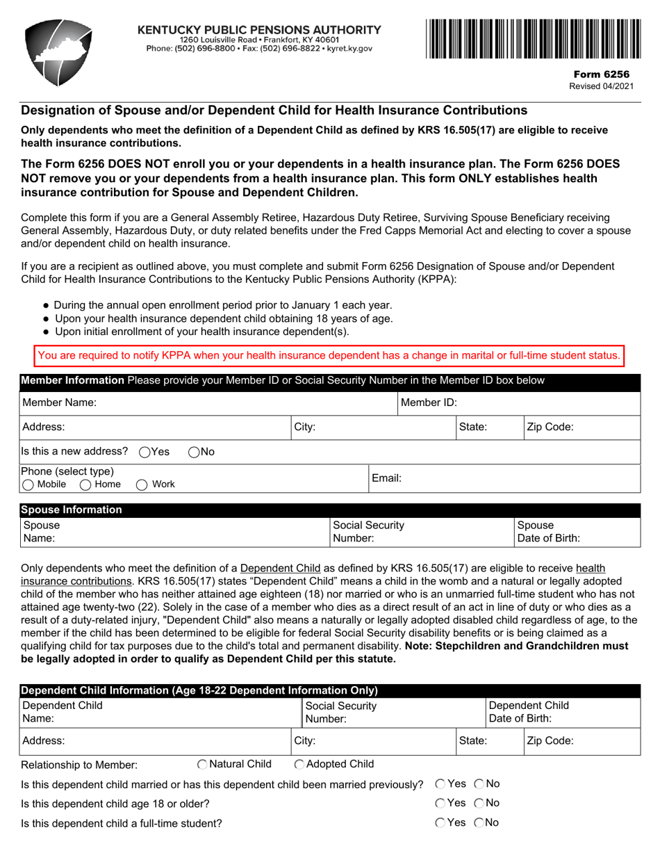 Form 6256 Designation of Spouse and / or Dependent Child for Health Insurance Contributions - Kentucky, Page 1