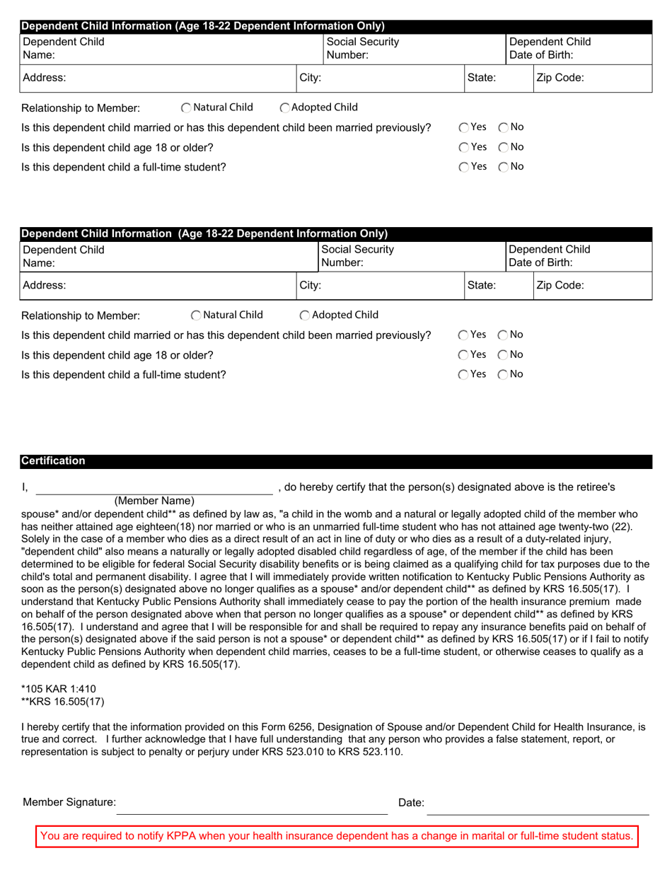 Form 6256 Designation of Spouse and / or Dependent Child for Health Insurance Contributions - Kentucky, Page 2