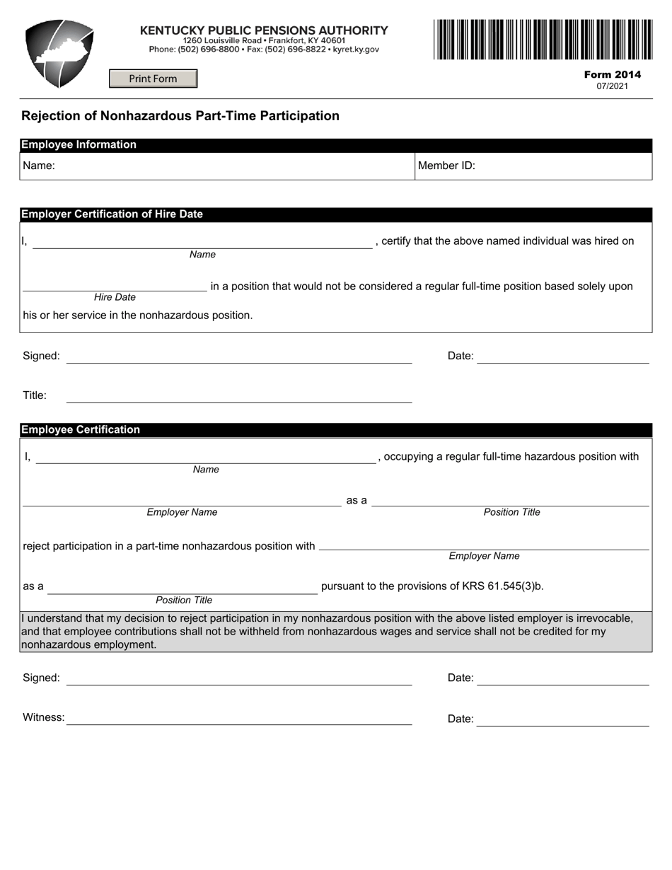 Form 2014 Rejection of Nonhazardous Part-Time Participation - Kentucky, Page 1