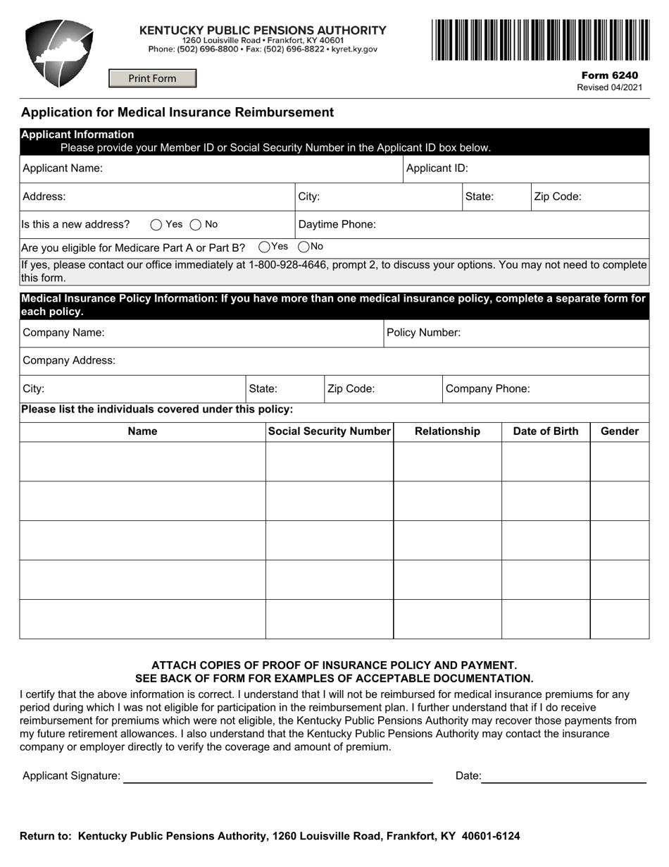 Form 6240 Application for Medical Insurance Reimbursement - Kentucky, Page 1