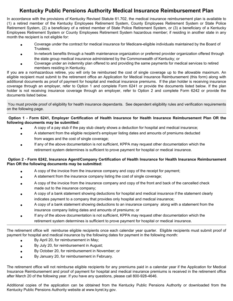 Form 6240 Application for Medical Insurance Reimbursement - Kentucky, Page 2