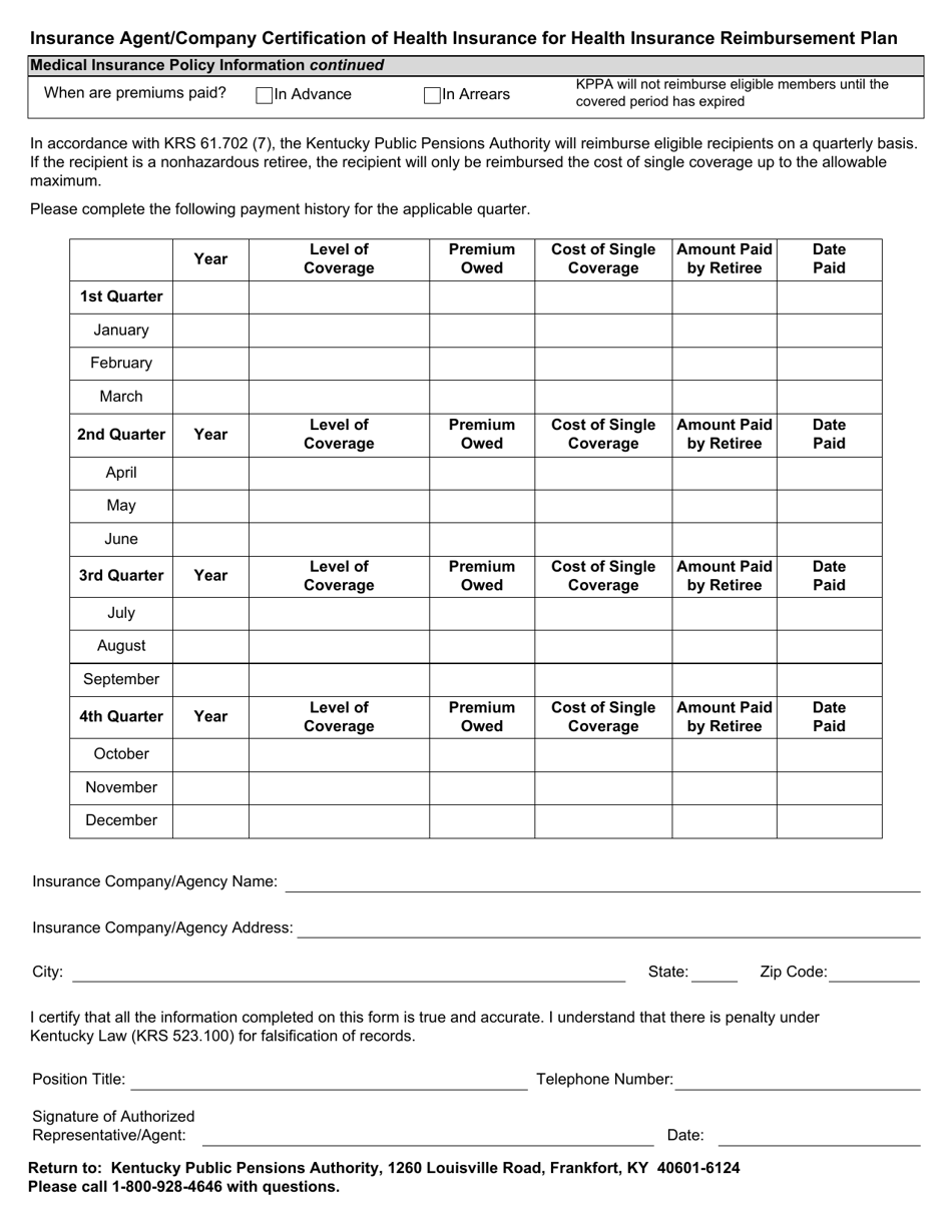 Form 6242 Insurance Agent / Company Certification of Health Insurance for Health Insurance Reimbursement Plan - Kentucky, Page 2