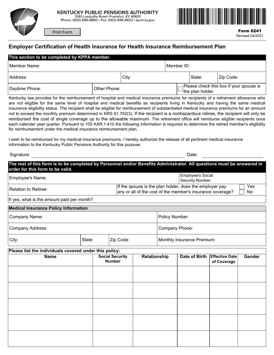 Form 6241 Employer Certification of Health Insurance for Health Insurance Reimbursement Plan - Kentucky, Page 1