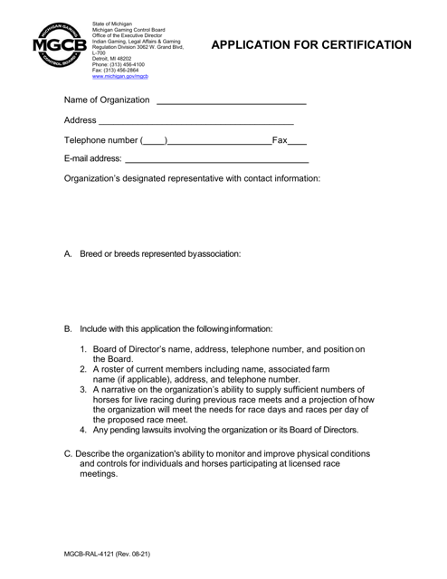 Form MGCB-RAL-4121 Application for Certification - Michigan