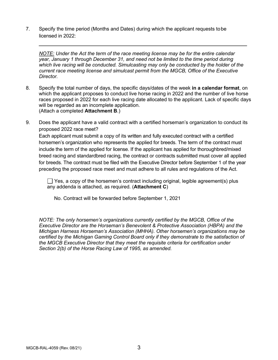 Form MGCB-RAL-4059 Application for Race Meet License - Michigan, Page 3