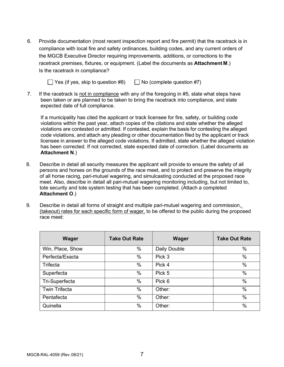 Form MGCB-RAL-4059 Application for Race Meet License - Michigan, Page 7