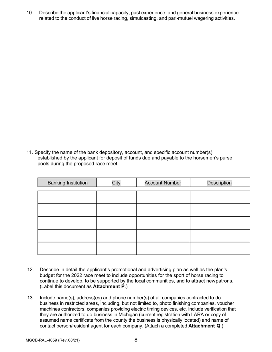 Form MGCB-RAL-4059 Application for Race Meet License - Michigan, Page 8
