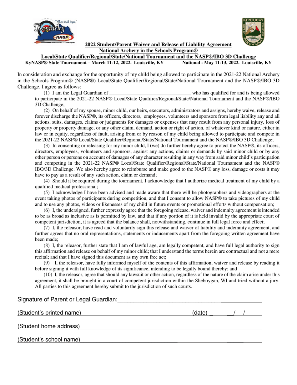 Student / Parent Waiver and Release of Liability Agreement - Kentucky, Page 1
