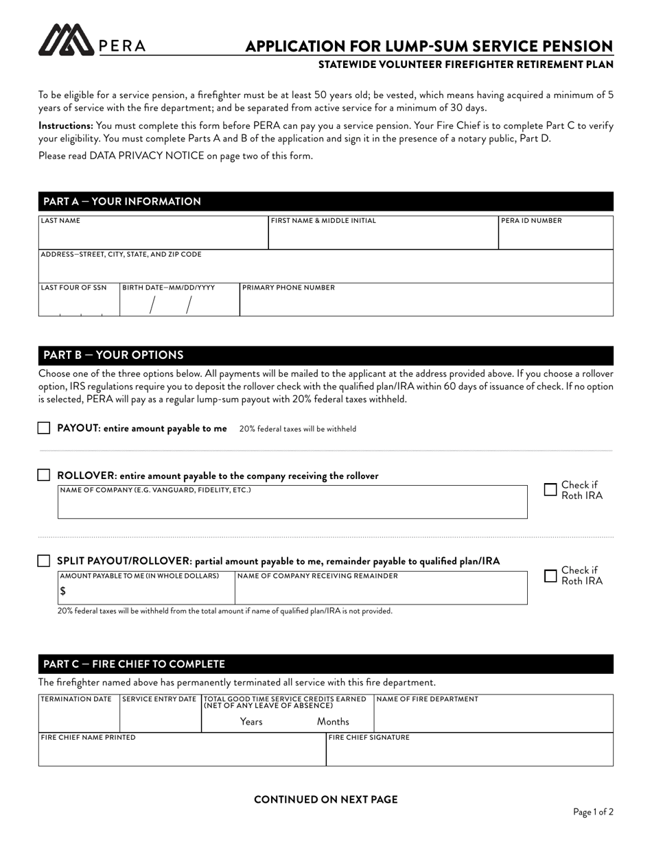 Application for Lump-Sum Service Pension - Minnesota, Page 1