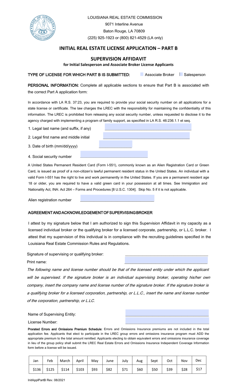 Part B Initial Real Estate License Application - Supervision Affidavit for Initial Salesperson and Associate Broker License Applicants - Louisiana, Page 1
