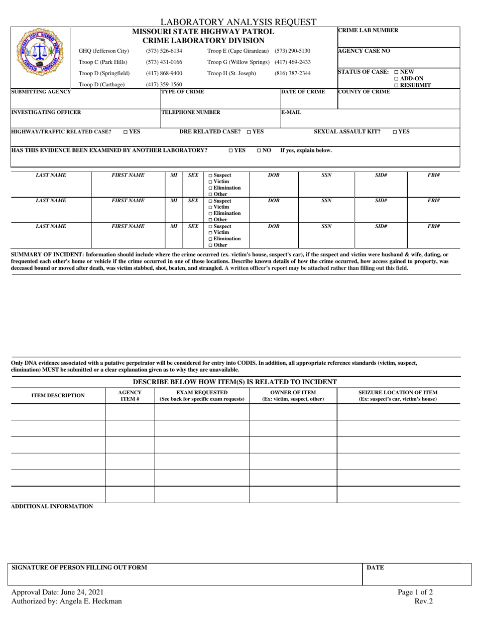 Laboratory Analysis Request - Missouri, Page 1