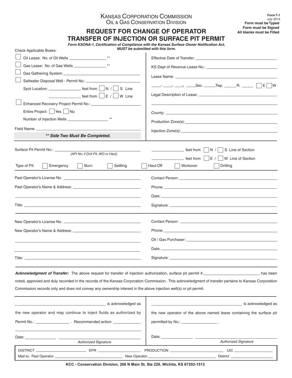 Form T-1 Request for Change of Operator Transfer of Injection or Surface Pit Permit - Kansas, Page 1