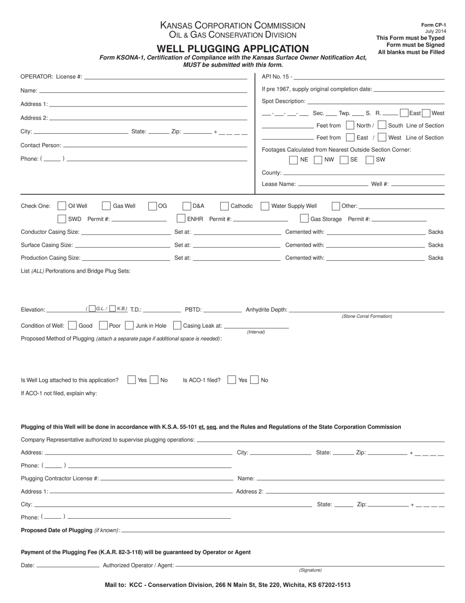 Form CP-1 Well Plugging Application - Kansas, Page 1