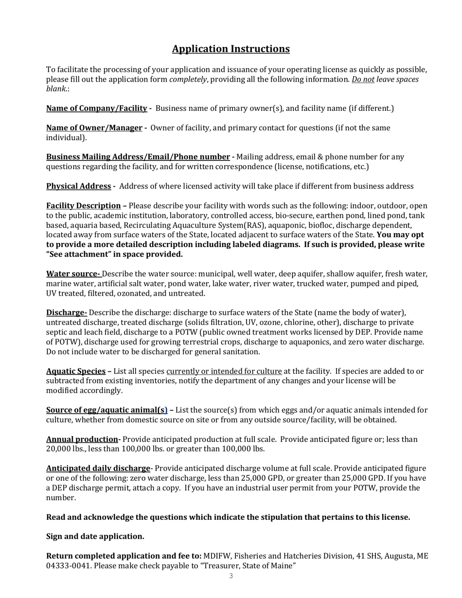 Application for a License to Cultivate or Sell Comercially Grown and Imported Fish - Maine, Page 3