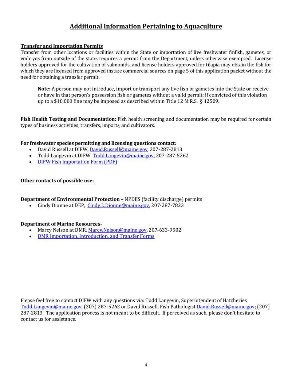 Application for a License to Cultivate or Sell Comercially Grown and Imported Fish - Maine, Page 4