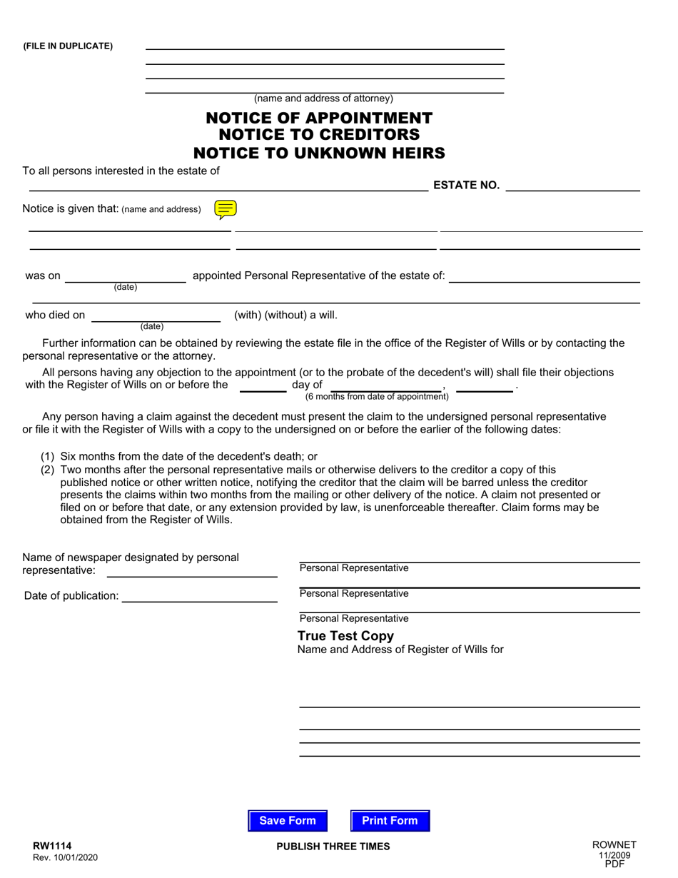 Form RW1114 Notice of Appointment, Notice to Creditors, Notice to Unknown Heirs - Maryland, Page 1