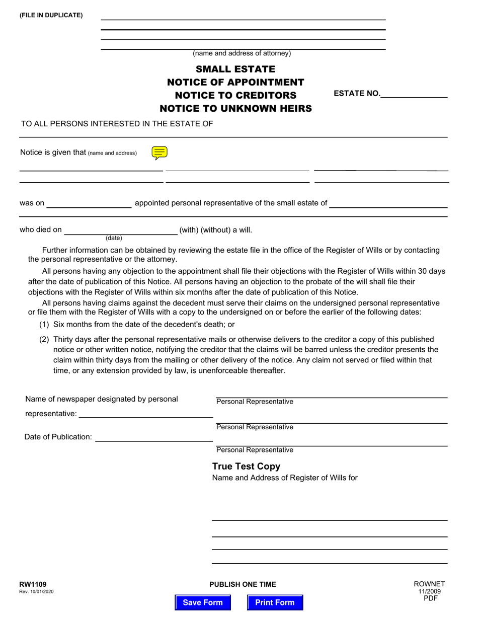 Form RW1109 Small Estate Notice of Appointment, Notice to Creditors, Notice to Unknown Heirs - Maryland, Page 1