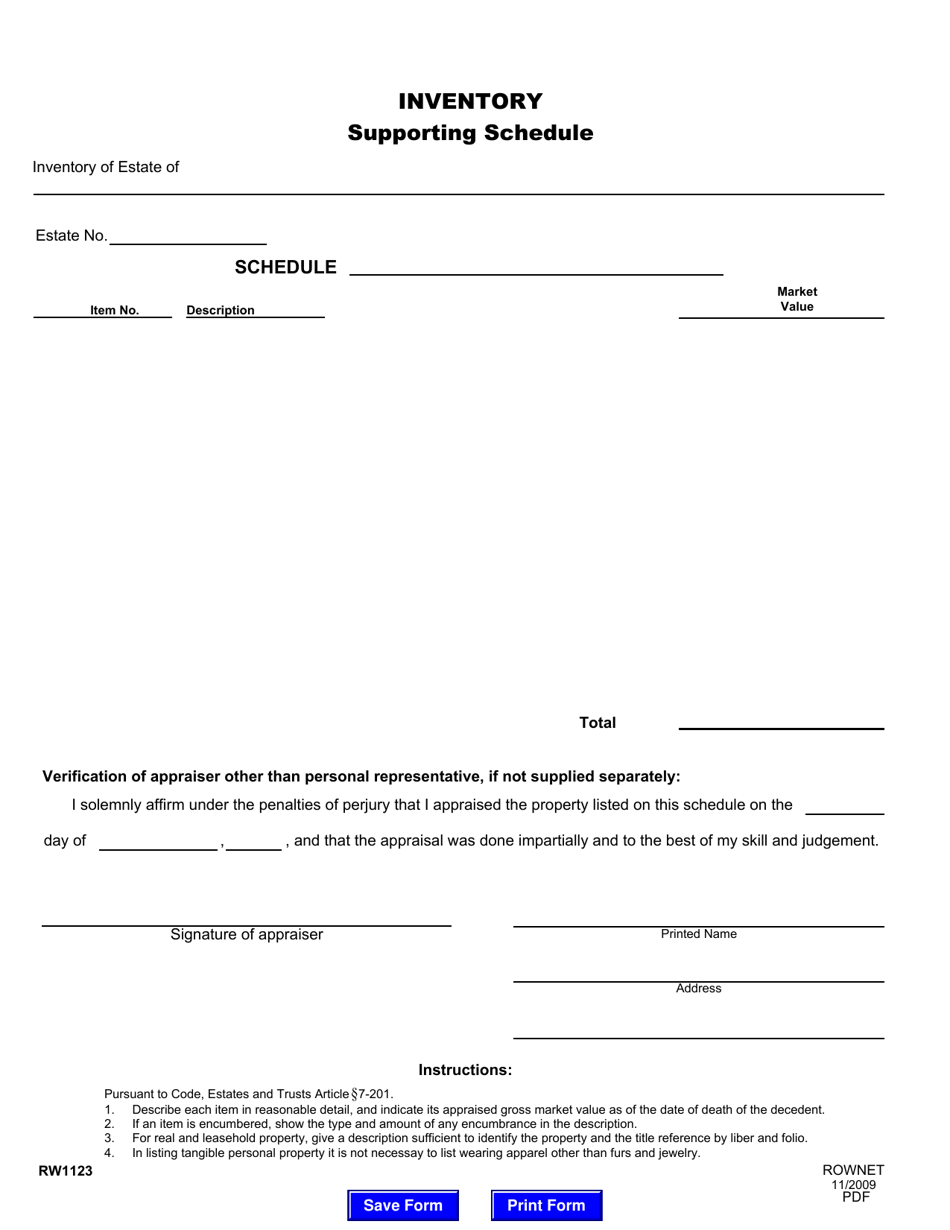 Form RW1123 Inventory Supporting Schedule - Maryland, Page 1