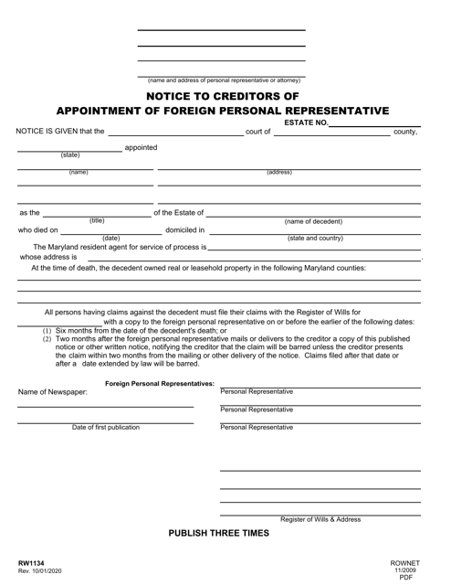 Form RW1134 Notice to Creditors of Appointment of Foreign Personal Representative - Maryland