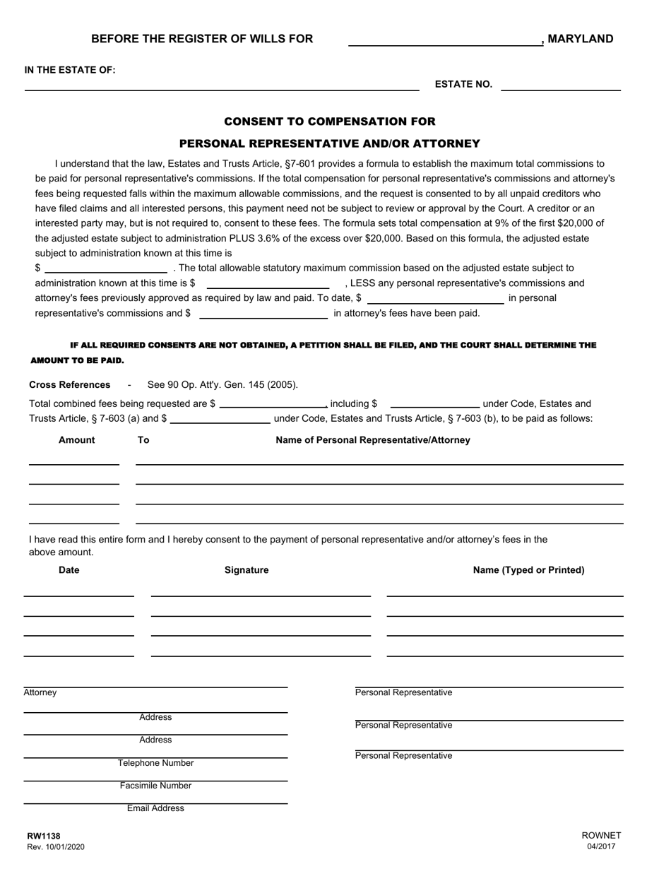 Form RW1138 Consent to Compensation for Personal Representative and / or Attorney - Maryland, Page 1