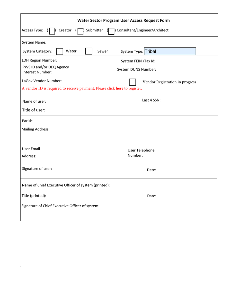 User Access Request Form - Water Sector Program - Louisiana, Page 1