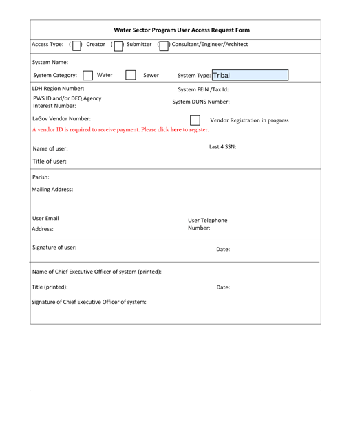 User Access Request Form - Water Sector Program - Louisiana Download Pdf