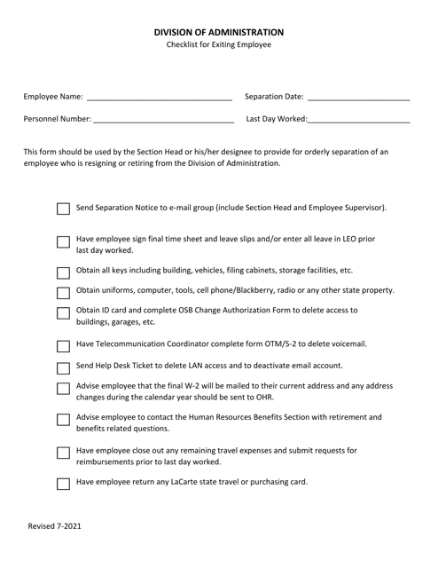 Checklist for Exiting Employee - Louisiana Download Pdf