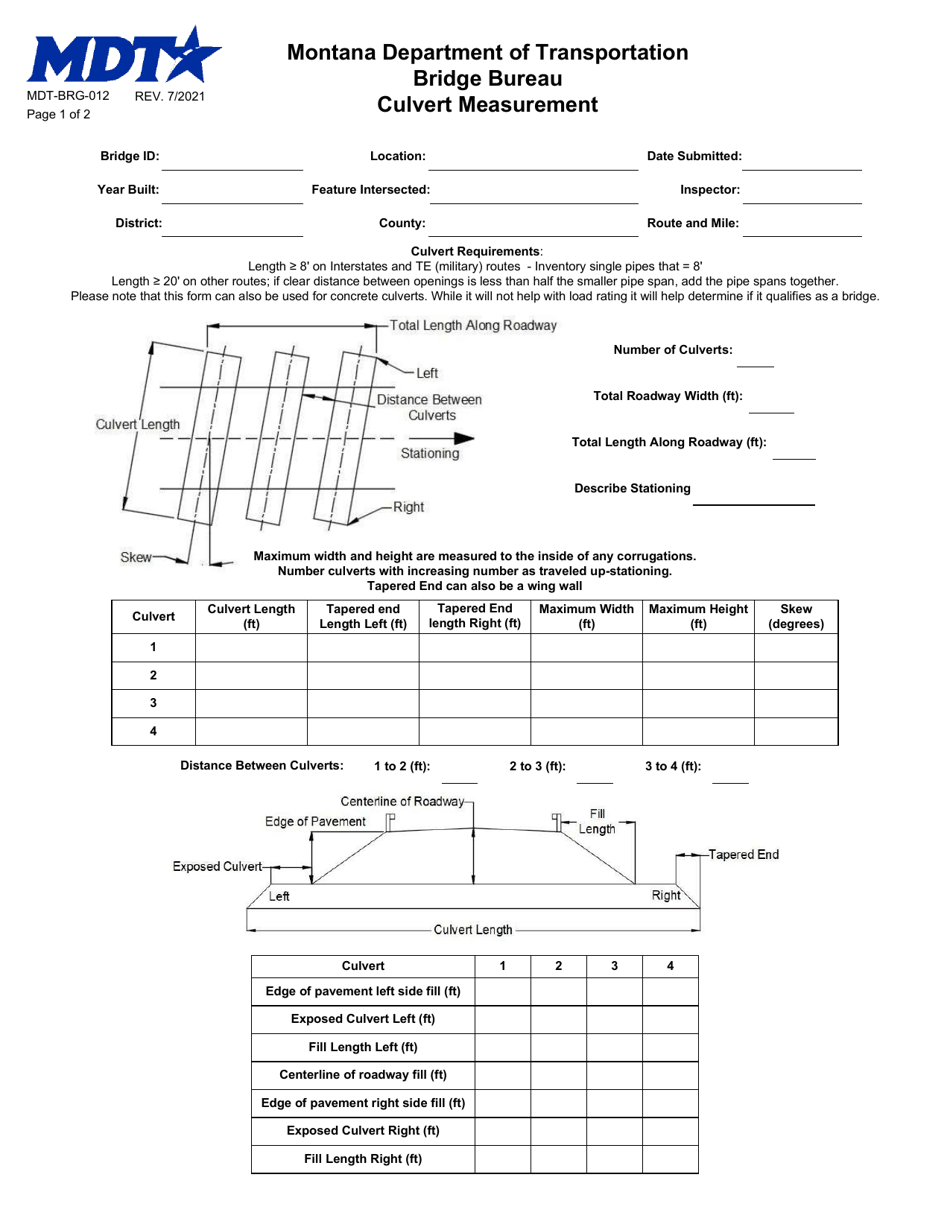 Form MDT-BRG-012 Culvert Measurement - Montana, Page 1