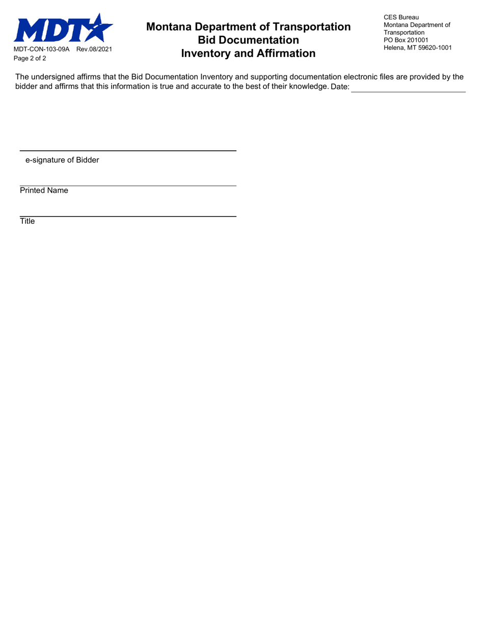 Form MDT-CON-103-09A Bid Documentation Inventory and Affirmation - Montana, Page 2