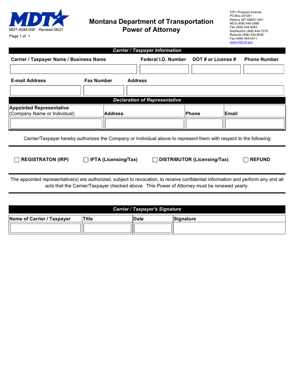 Form MDT-ADM-008 Power of Attorney - Montana, Page 1