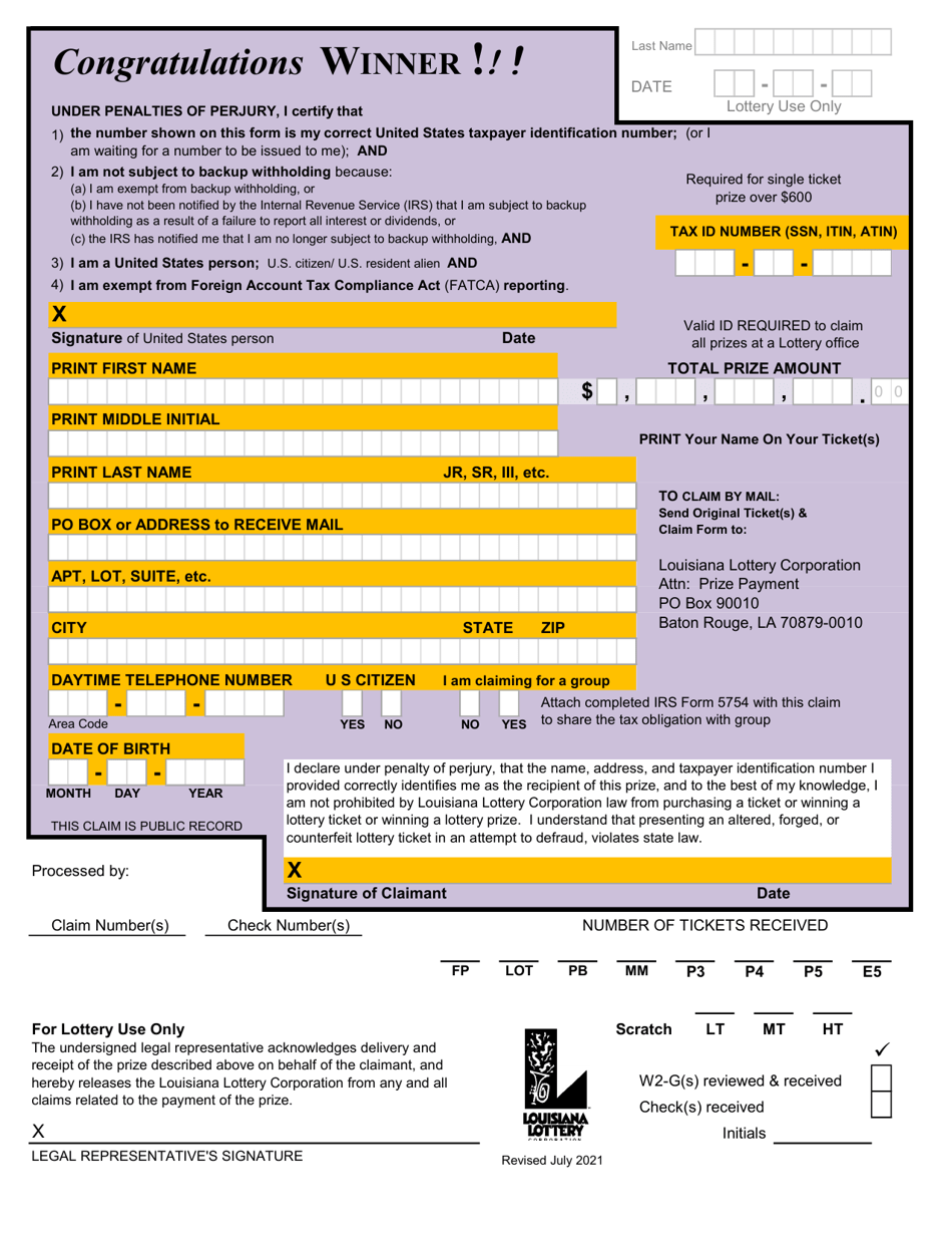 Louisiana Louisiana Lottery Prize Claim Form Download Printable PDF |  Templateroller