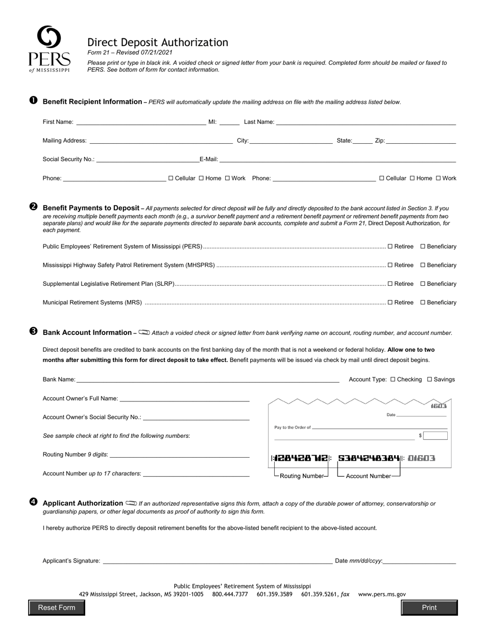 Form 21 Direct Deposit Authorization - Mississippi, Page 1