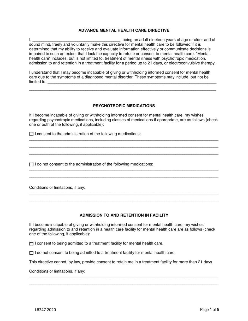 Form LB247 Advance Mental Health Care Directive - Nebraska, Page 1