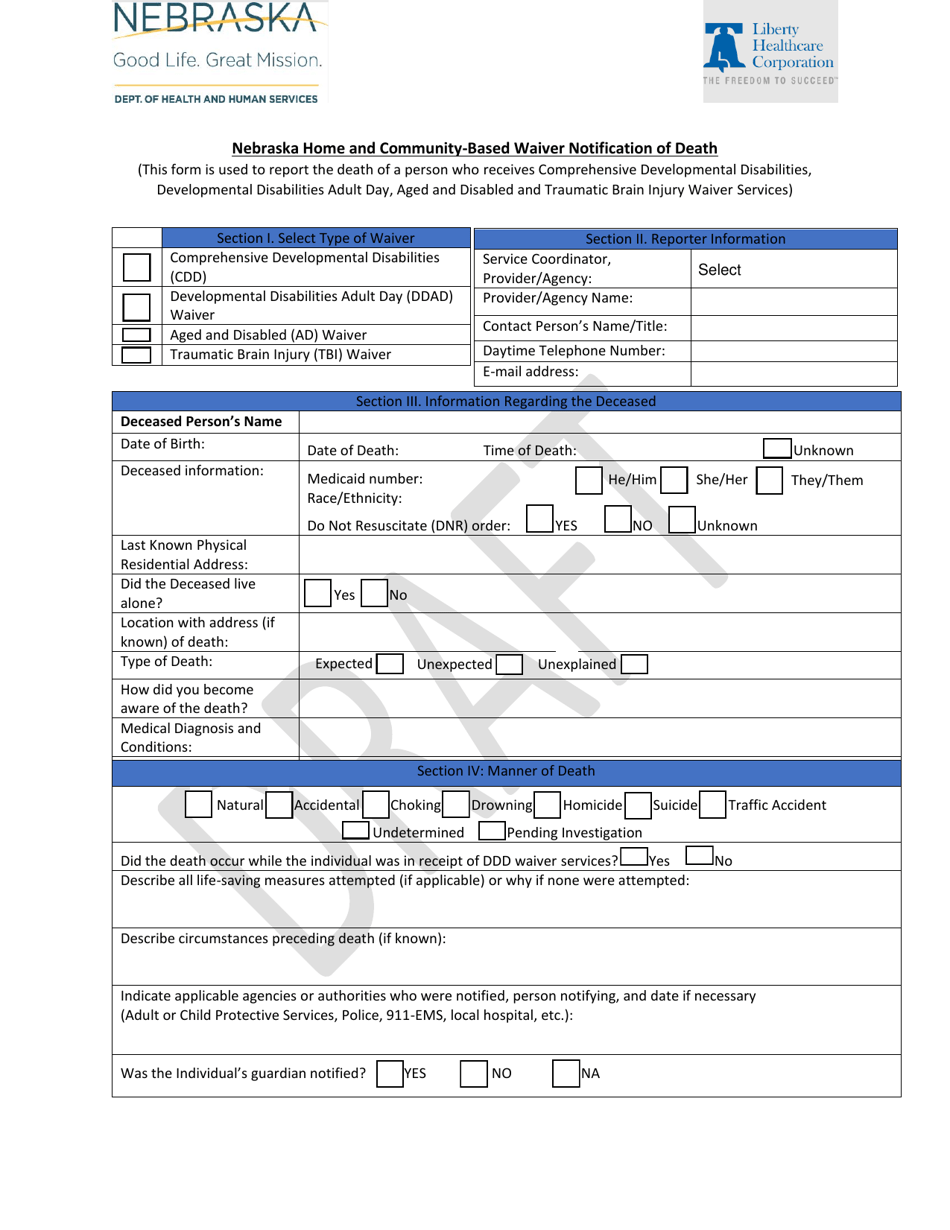 Nebraska Nebraska Home and Community-Based Waiver Notification of Death ...