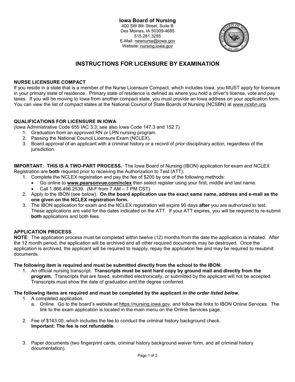 Instructions for Instructions for Licensure by Examination - Iowa, Page 1