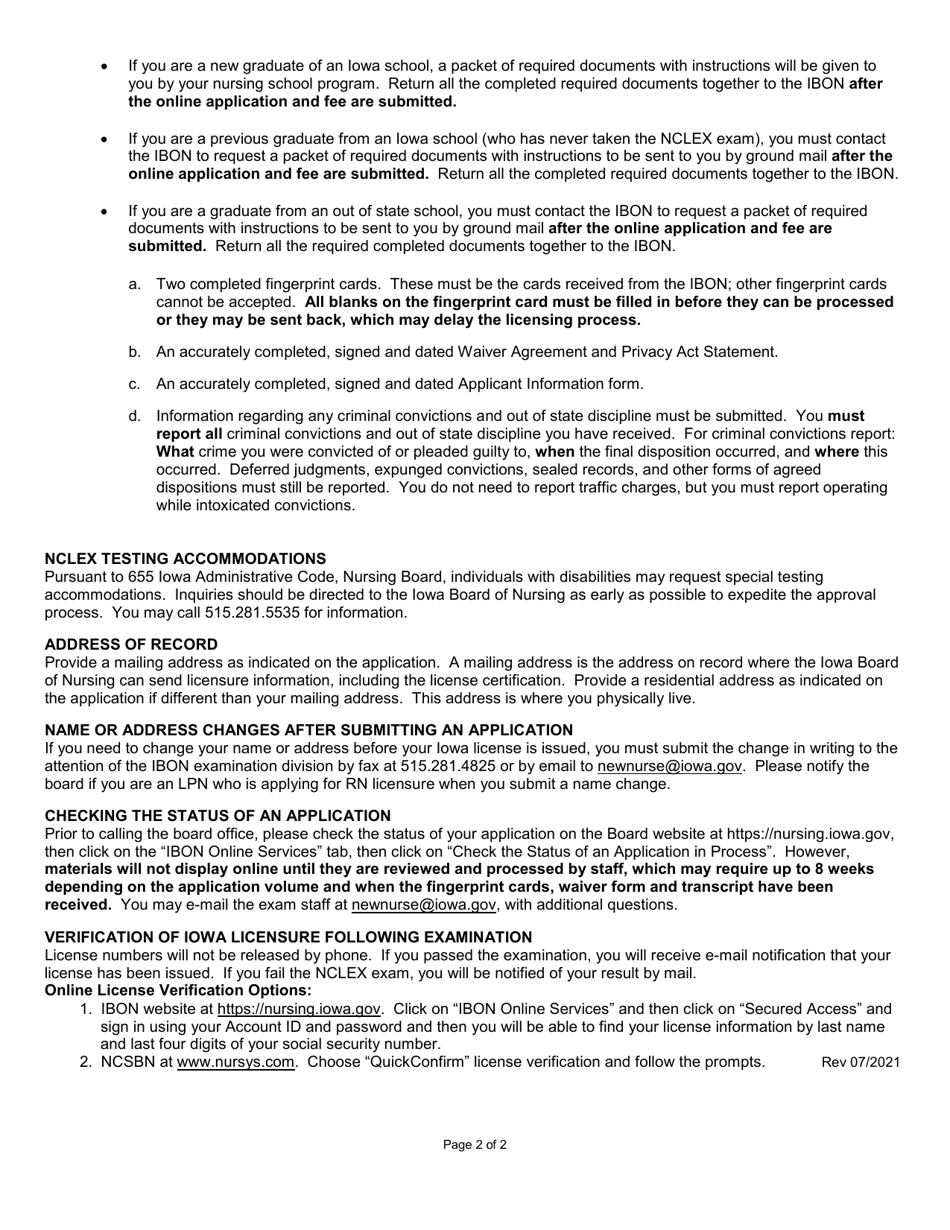 Instructions for Instructions for Licensure by Examination - Iowa, Page 2
