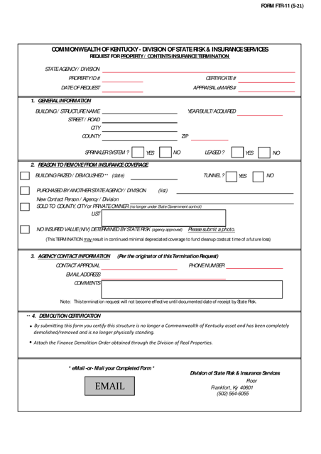 Form FTR-11 Request for Property/Contents Insurance Termination - Kentucky