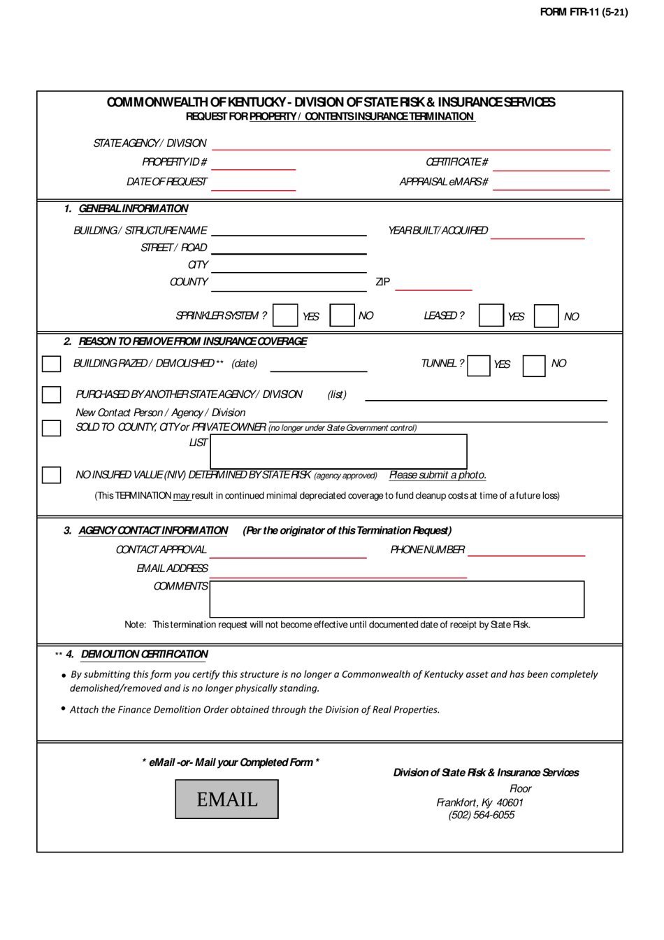 Form FTR-11 Request for Property / Contents Insurance Termination - Kentucky, Page 1