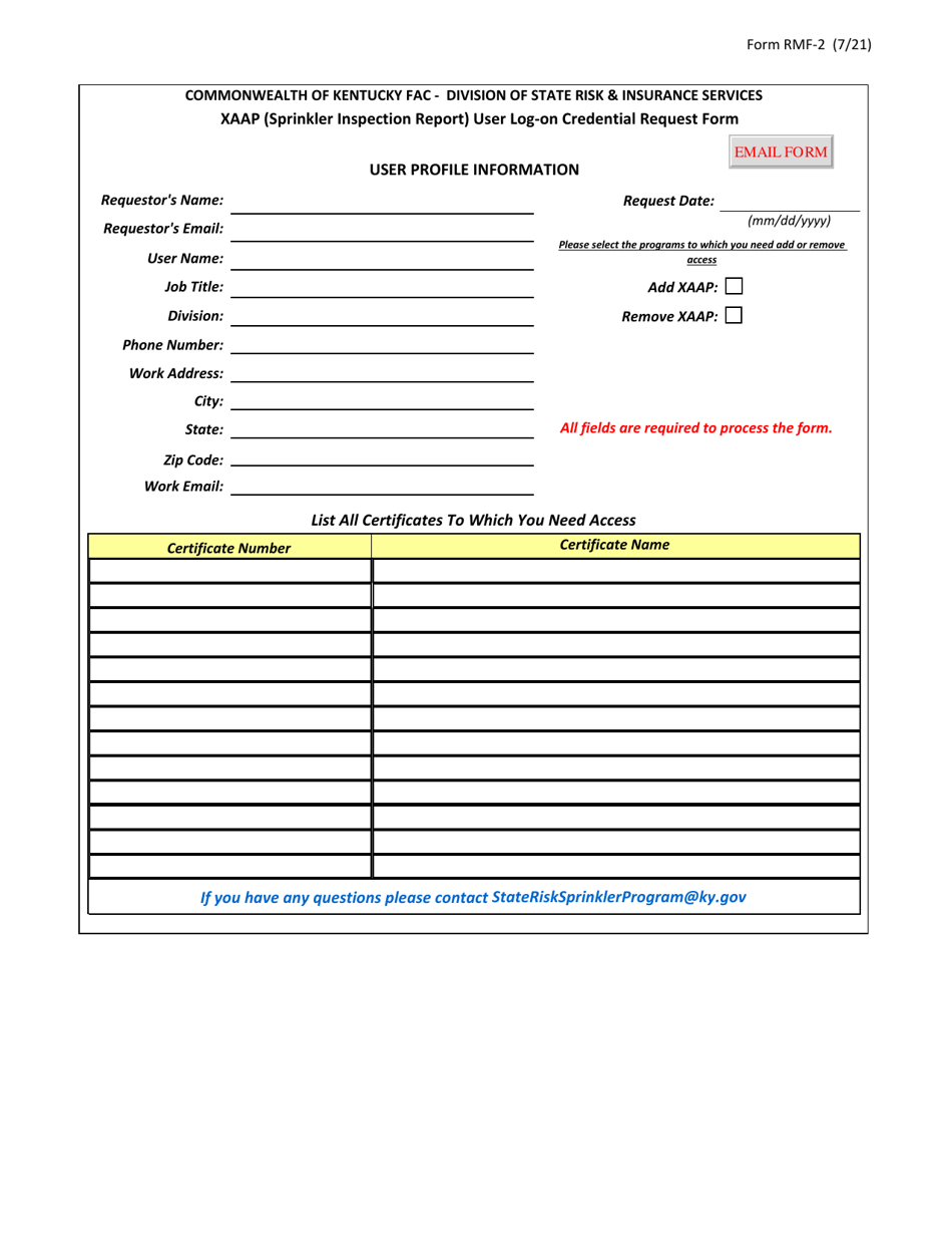 Form RMF-2 Xaap (Sprinkler Inspection Report) User Log-On Credential Request Form - Kentucky, Page 1