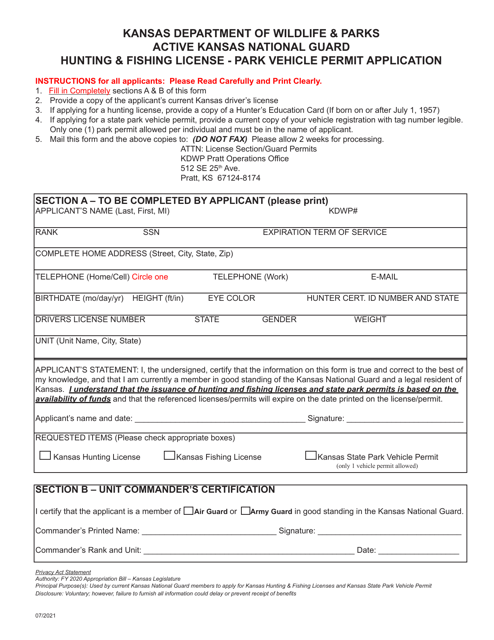 Active Kansas National Guard Hunting & Fishing License - Park Vehicle Permit Application - Kansas Download Pdf