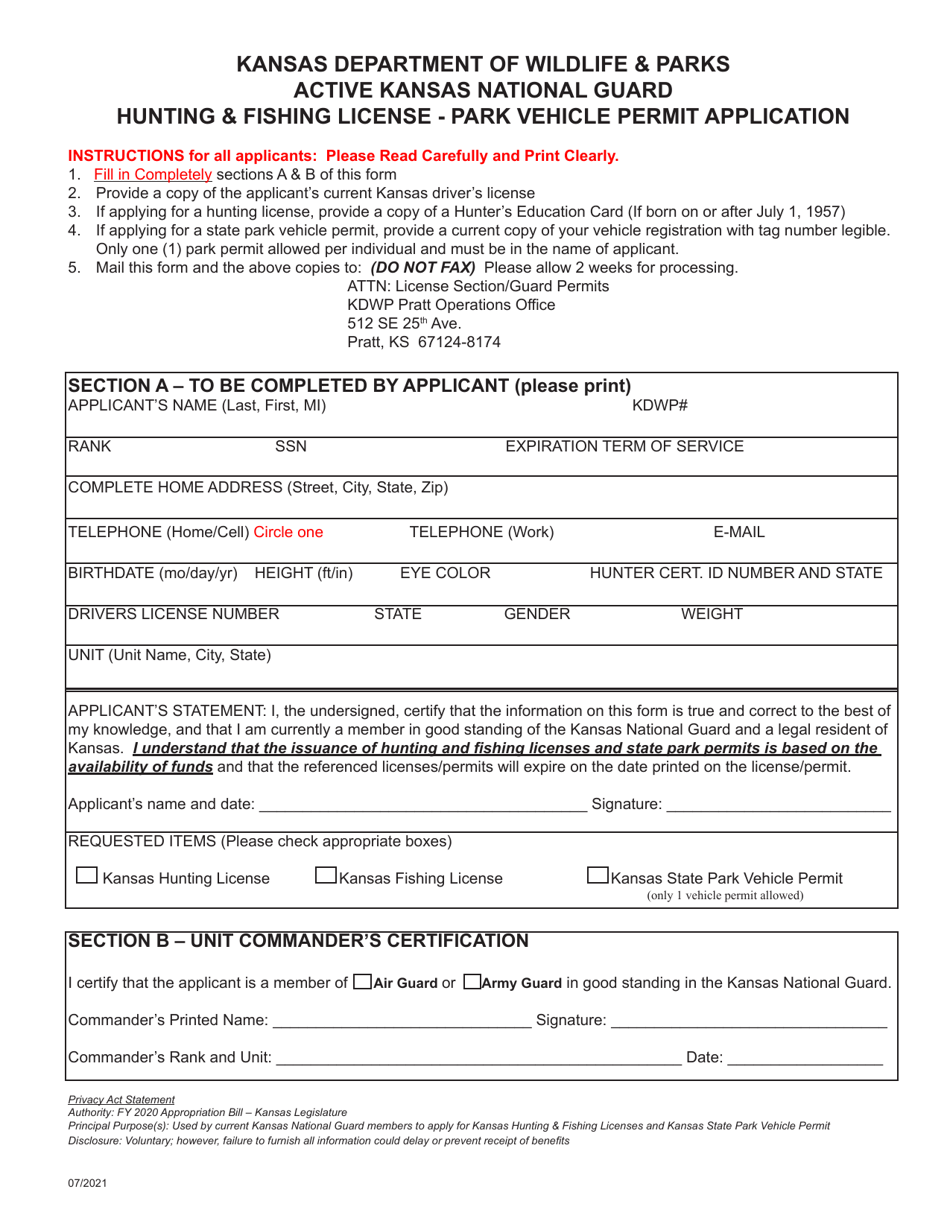 Active Kansas National Guard Hunting  Fishing License - Park Vehicle Permit Application - Kansas, Page 1