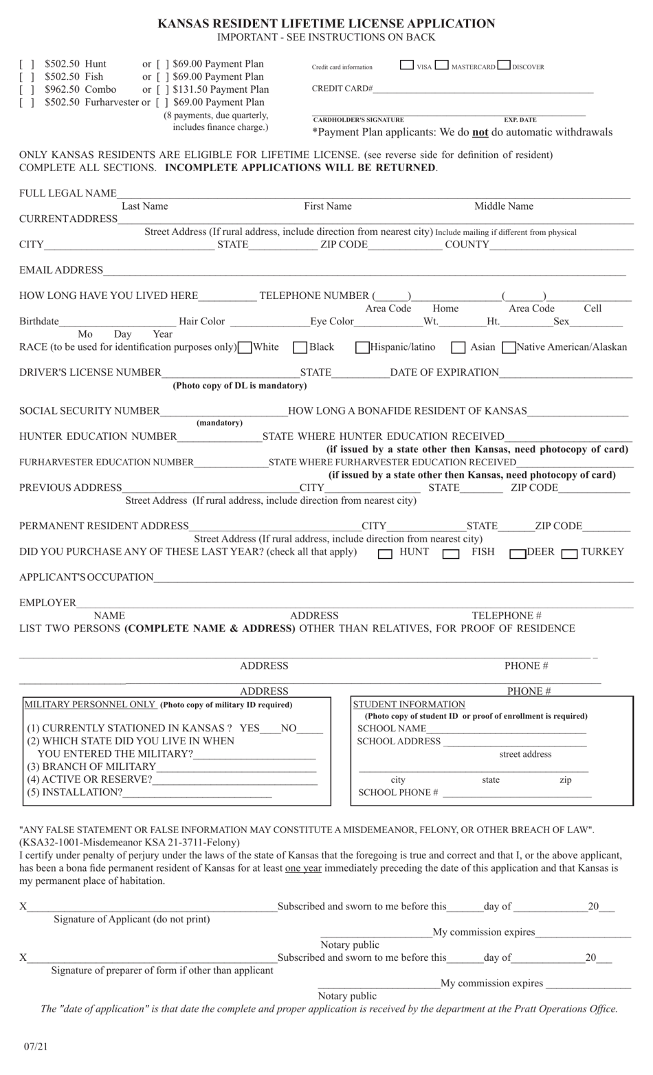 Kansas Kansas Resident Lifetime License Application Download Printable ...