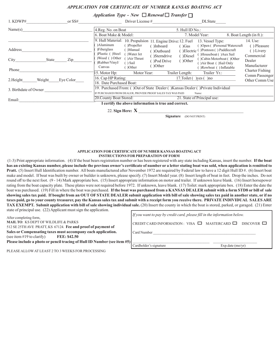 Kansas Application for Certificate of Number Kansas Boating Act Fill Out, Sign Online and