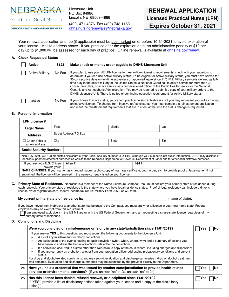 Renewal Application - Licensed Practical Nurse (Lpn) - Nebraska, Page 1