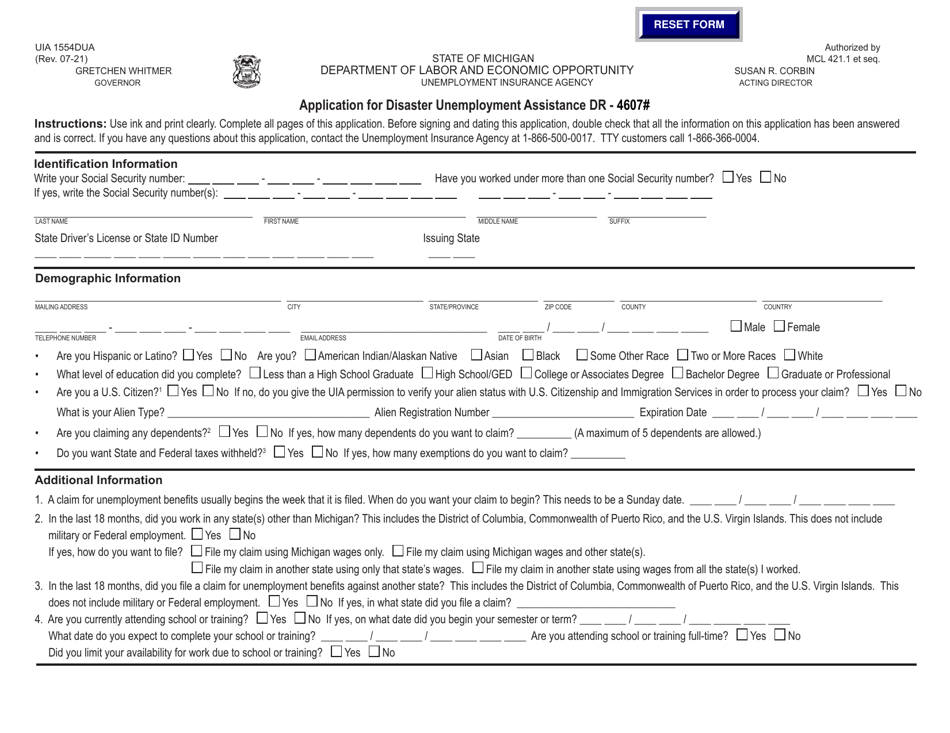 Form UIA1554DUA Application for Disaster Unemployment Assistance - Michigan, Page 1